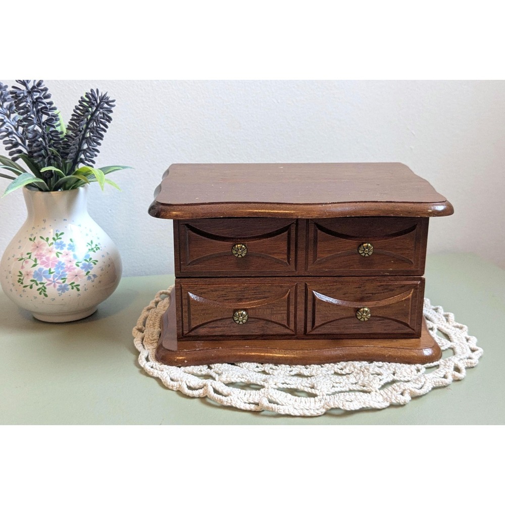 Vintage Wooden Jewelry Box with Drawers‎ and Mirror | Mini Jewelry Chest